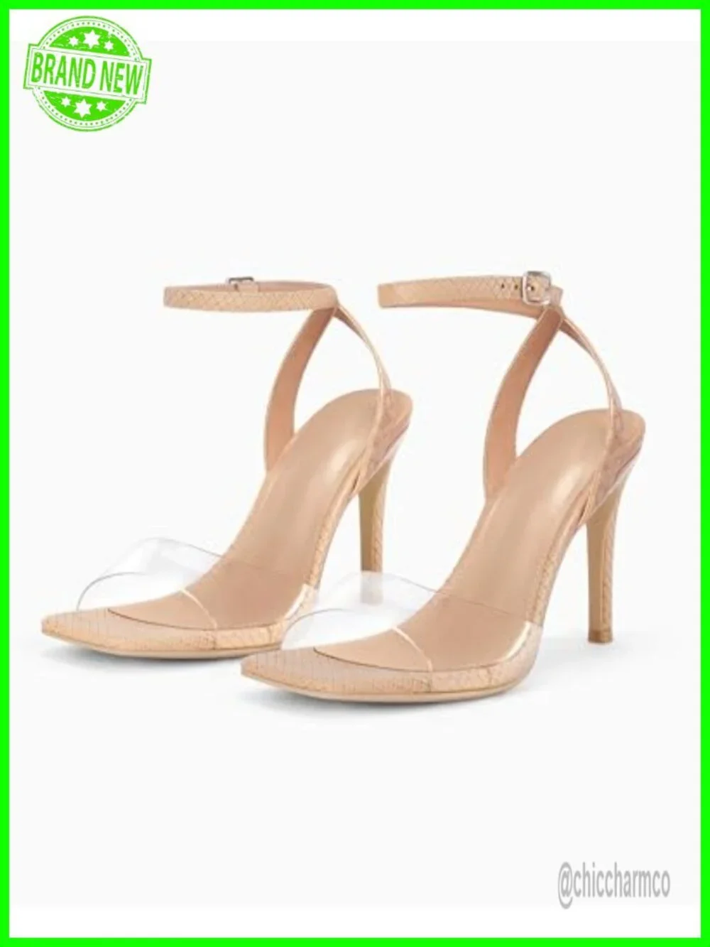Clear Heels Sandals Square Toe Stiletto Dress Shoes Ankle Strap Faux Leather PVC